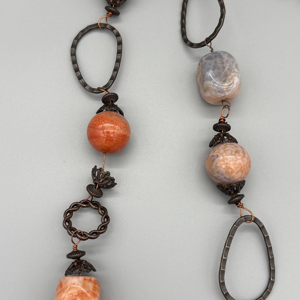 Handmade Artisan Agate Beads Stone Copper Nugget 34" Necklace & Dangle Earrings